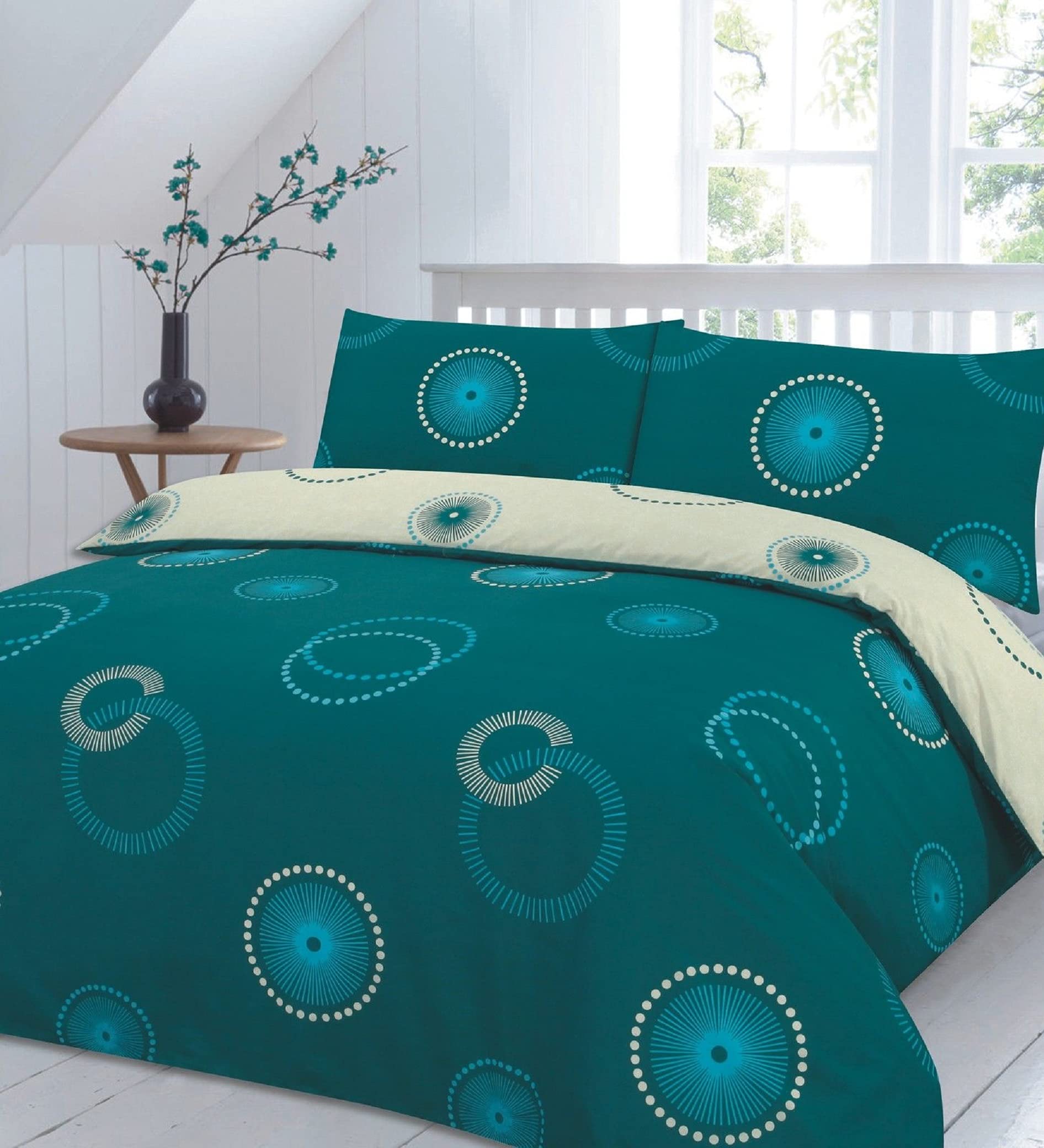 Nightzone Eden Teal Luxury Polycotton Eden Reversible Duvet Cover Set With Pillowcase Bedding Set (, Double)