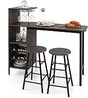 Vista 1 de COSTWAY Juego de mesa y silla de bar de 3 piezas, mesa de pub industrial y taburetes con soportes para copas de vino y estantes de vino para 6 Marrón