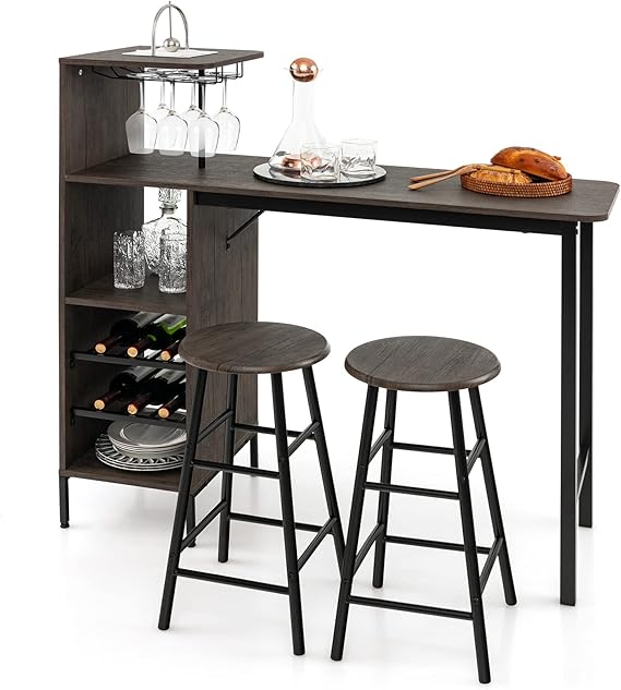 TANGZON 3 Pieces Bar Table Set, Steel Frame Dining Table and 2 Stools