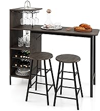 COSTWAY 3 Pieces Bar Table and Chair Set, Industrial Pub Table & Stools with Wine Glass Holders & 6-Bottle Wine Racks, Counter Height Dining Table Set for Living Room Dining Room Kitchen, Brown