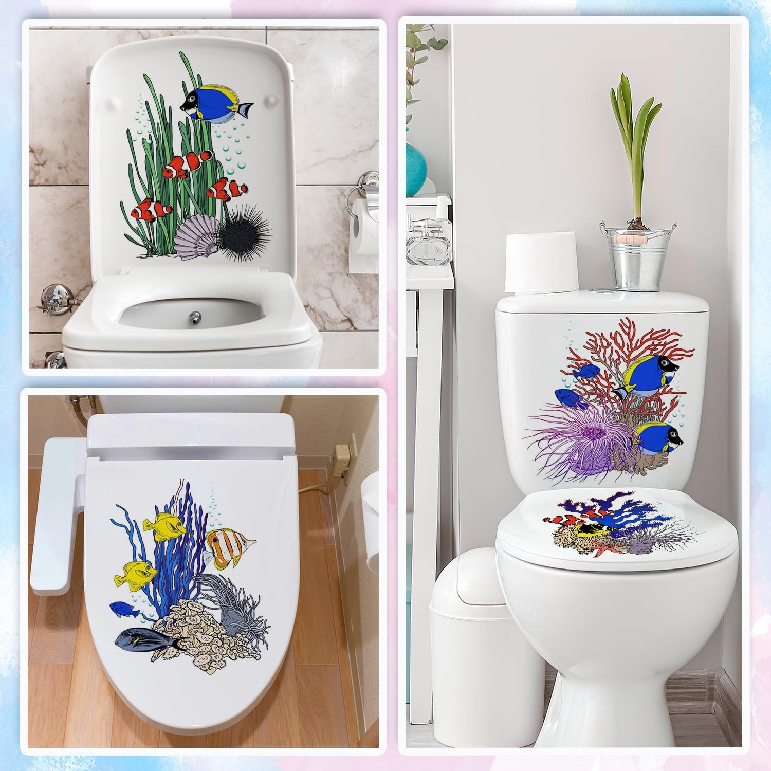 4PCS Under The Sea Toilet Seat Stickers Self-Adhesive Ocean Sea Life Toilet Lid Decals Watercolor Ocean Animals Fish Seaweed Coral Toilet Sticker for Cistern Bathroom WC Restroom Power Switch Decor