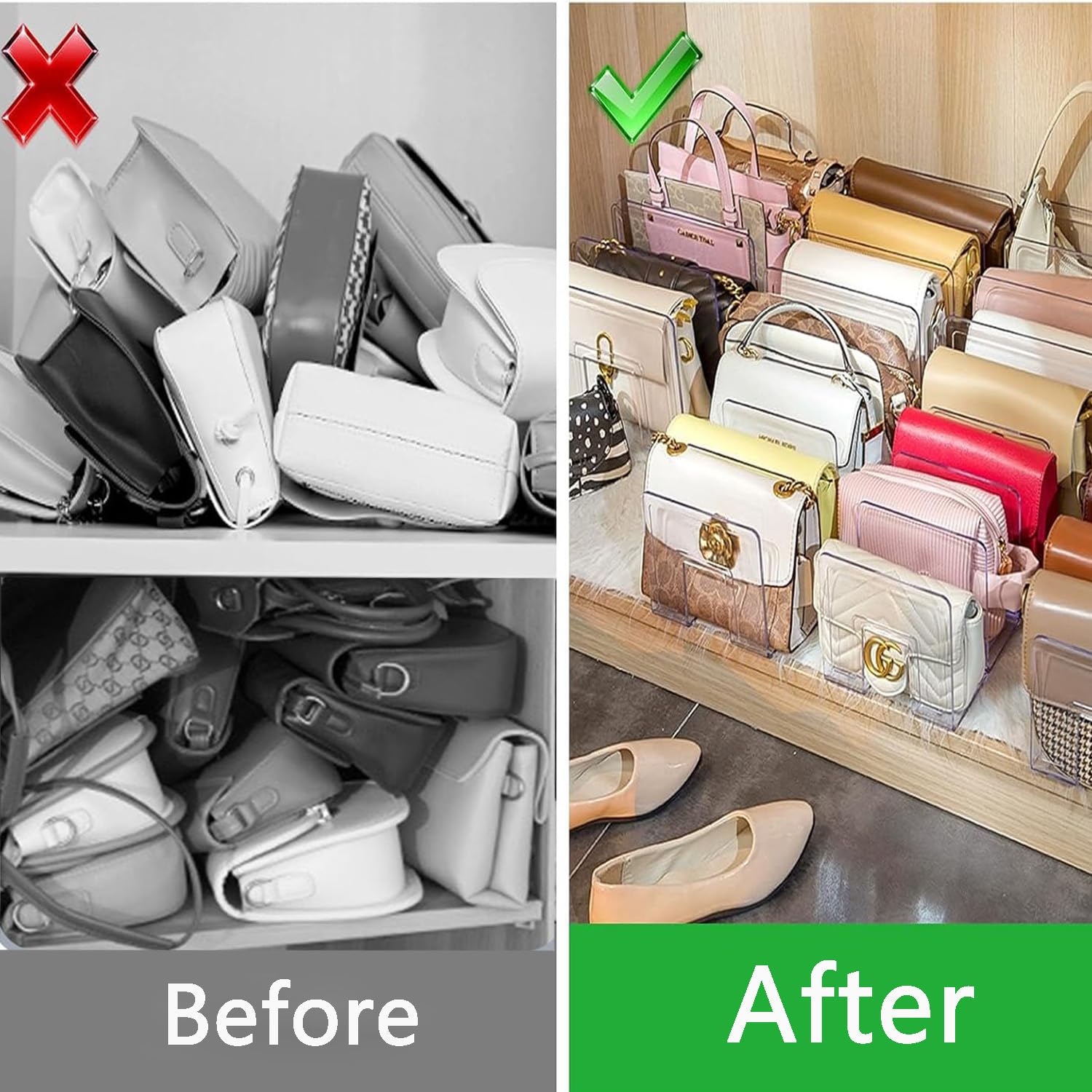 MEISO 2 Pezzi Organizer Armadio, Divisori per Borse Armadio Organizer, Porta Borse da Armadio A 4 Slot per Camera da Letto, Guardaroba, Libreria, Cucina, Stoccaggio E Organizzazione (Trasparente)