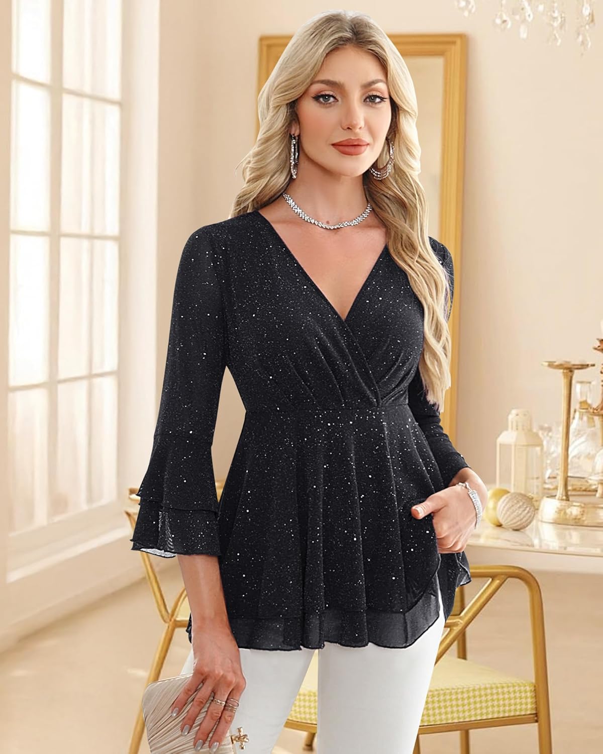 Lotusmile Women's Dressy Blouses Ruffle 3/4 Sleeve Peplum Sparkly Tops - Image 3