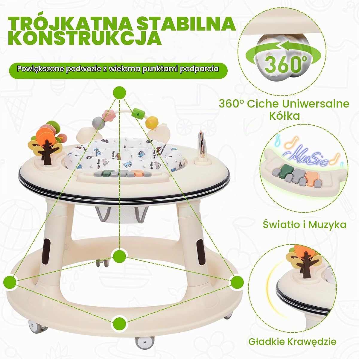 Chodzik dla małych dzieci z półką muzyczną, bezpieczny wózek do nauki chodzenia z cichym kątem 360°, składany wózek do nauki chodzenia dla dzieci w wieku od 9 do 18 miesięcy