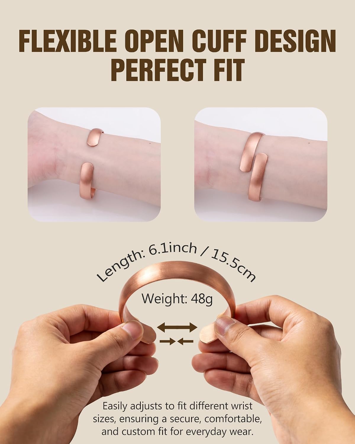 Jecanori Pure Copper Bracelet — 99.99% Real Solid Copper Bracelet for Men & Women, Adjustable Tibetan Cuff Bangle, Gift Box Included