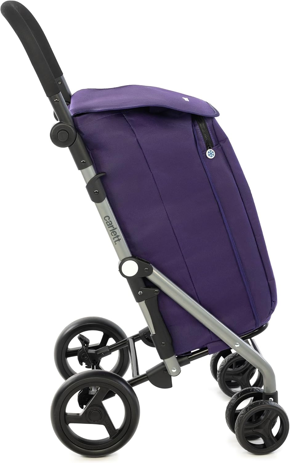 Збоку view of the Carlett Lite Duo shopping trolley in its fully unfolded, ready-to-use state.