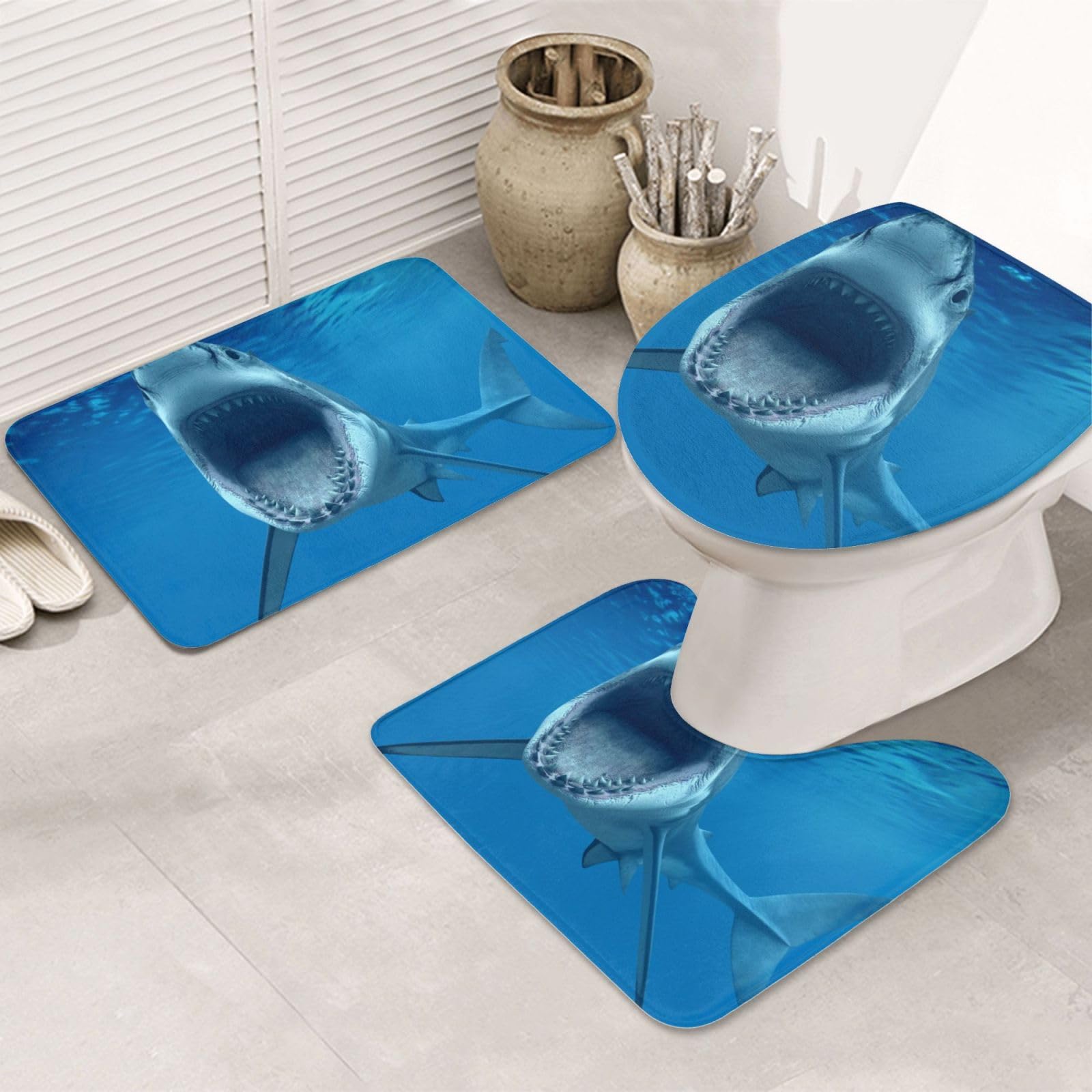 Tapis de bain doux et absorbant requin blanc lot de 3 avec tapis de contour de sol