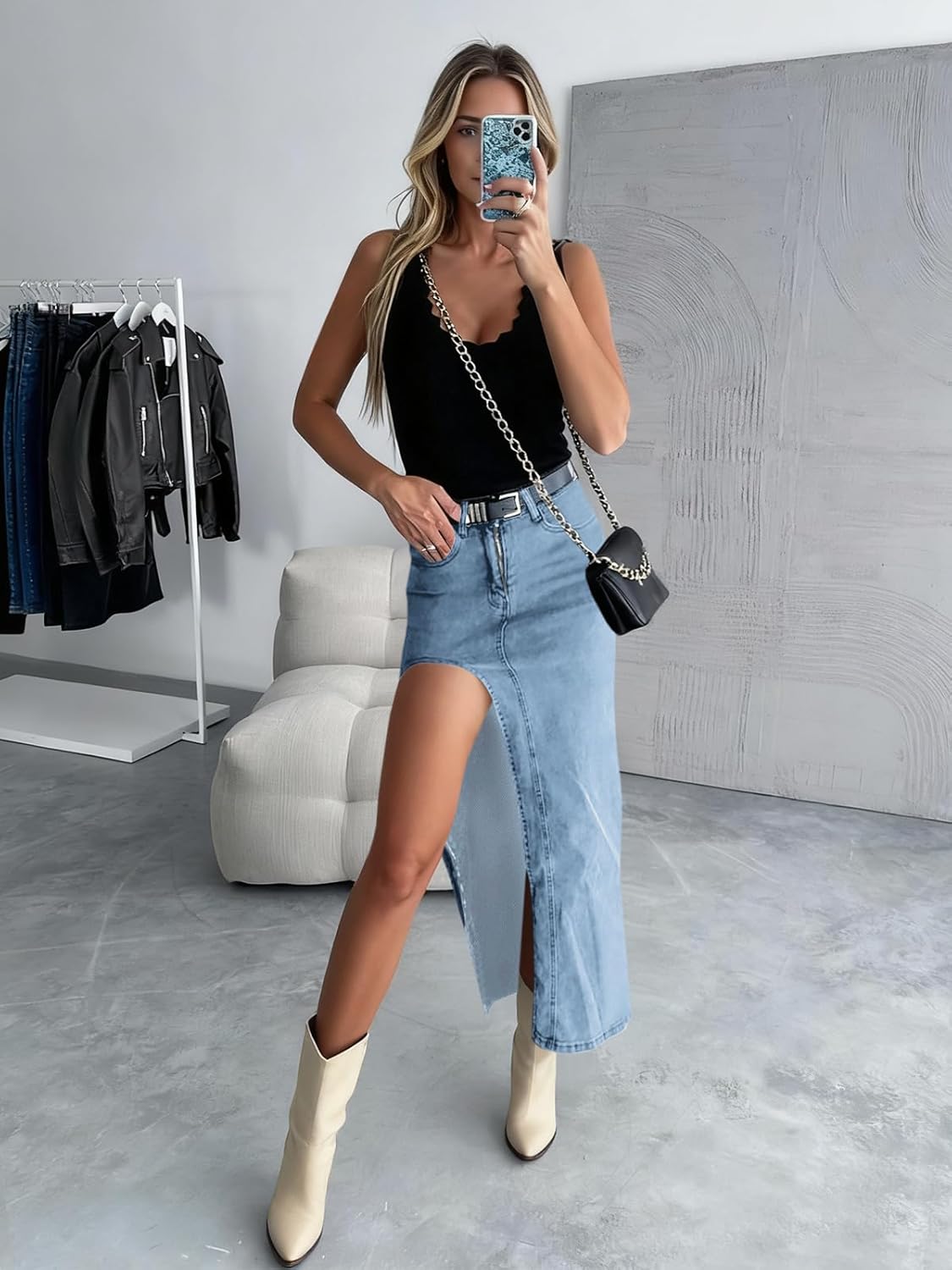 Wenrine Women's Sexy High Waist Denim Skirt Split Zip Up Jean Skirt Casual Maxi Skirt with Pockets - Image 6