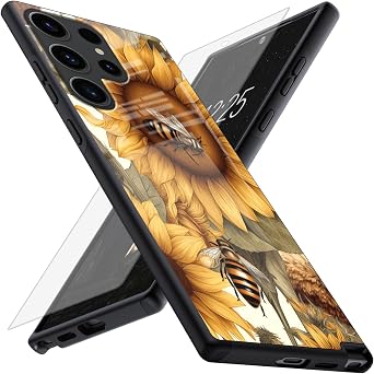 Designed for Samsung Galaxy S24 Ultra Case with Screen Protector, Shockproof Anti-Scratch Drop Tempered Glass Back Protection Case for Samsung Galaxy S24 Ultra, Bee Sunflower