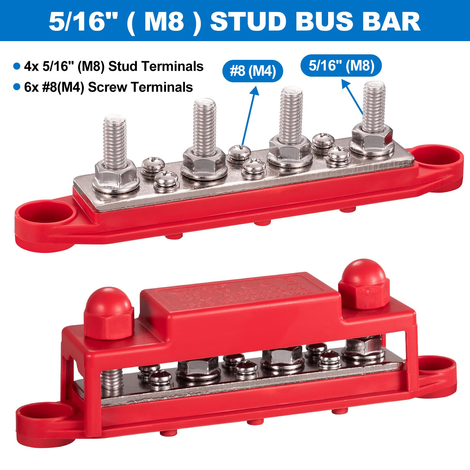 Spurtar Blocchi di Distribuzione di Corrente 4 x M8 Bulloni e 6x M4 Viti, 12 V-48 V guide di distribuzione DC con copertura, gancio per barche