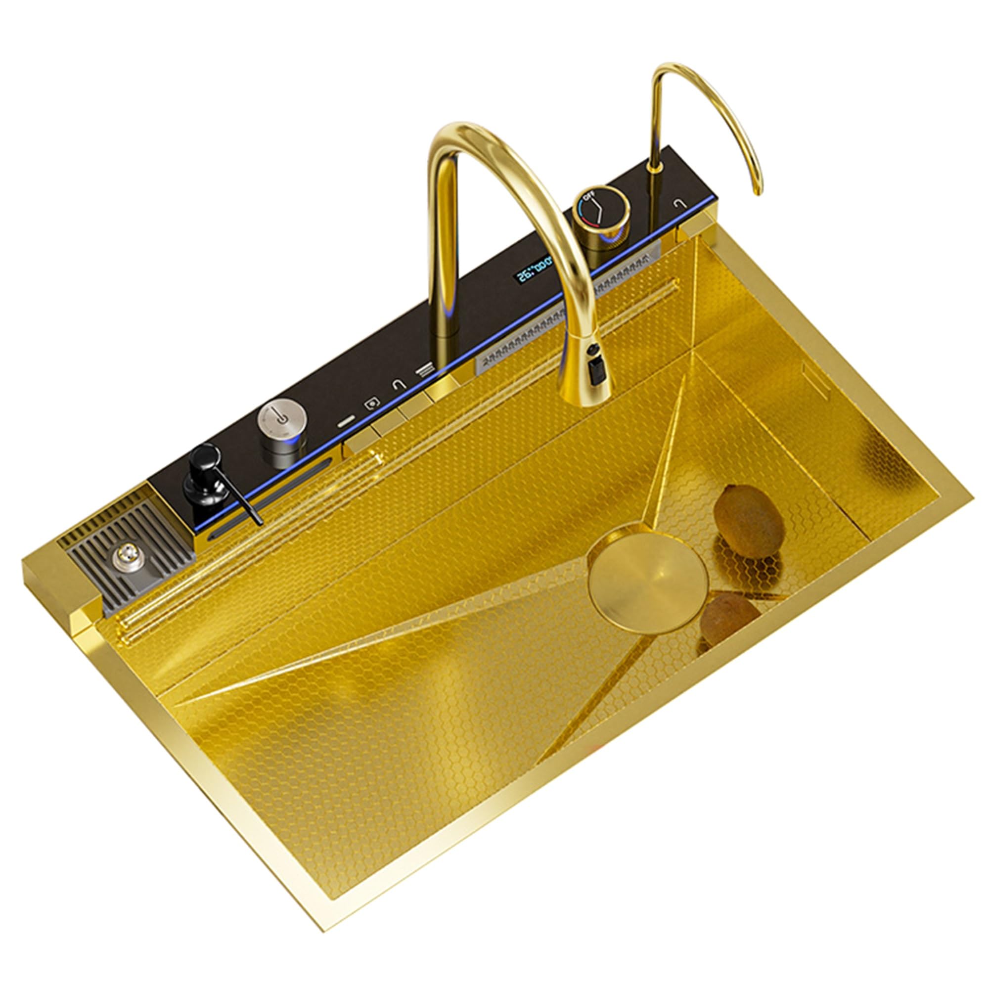 Évier de cuisine encastrable doré avec cascade et accessoires inox 85 cm