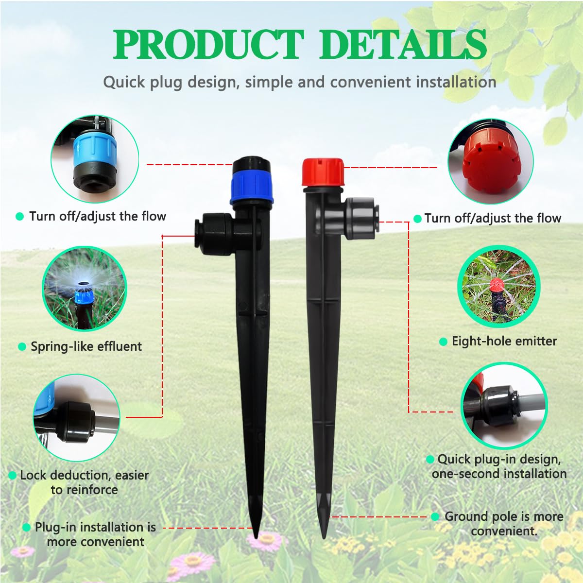 Kit di irrigazione a goccia da 82 m, emettitore di irrigazione a goccia da 1/4", emettitore di irrigazione a goccia a forma di ventola, sistema di irrigazione a goccia automatico a connessione rapida