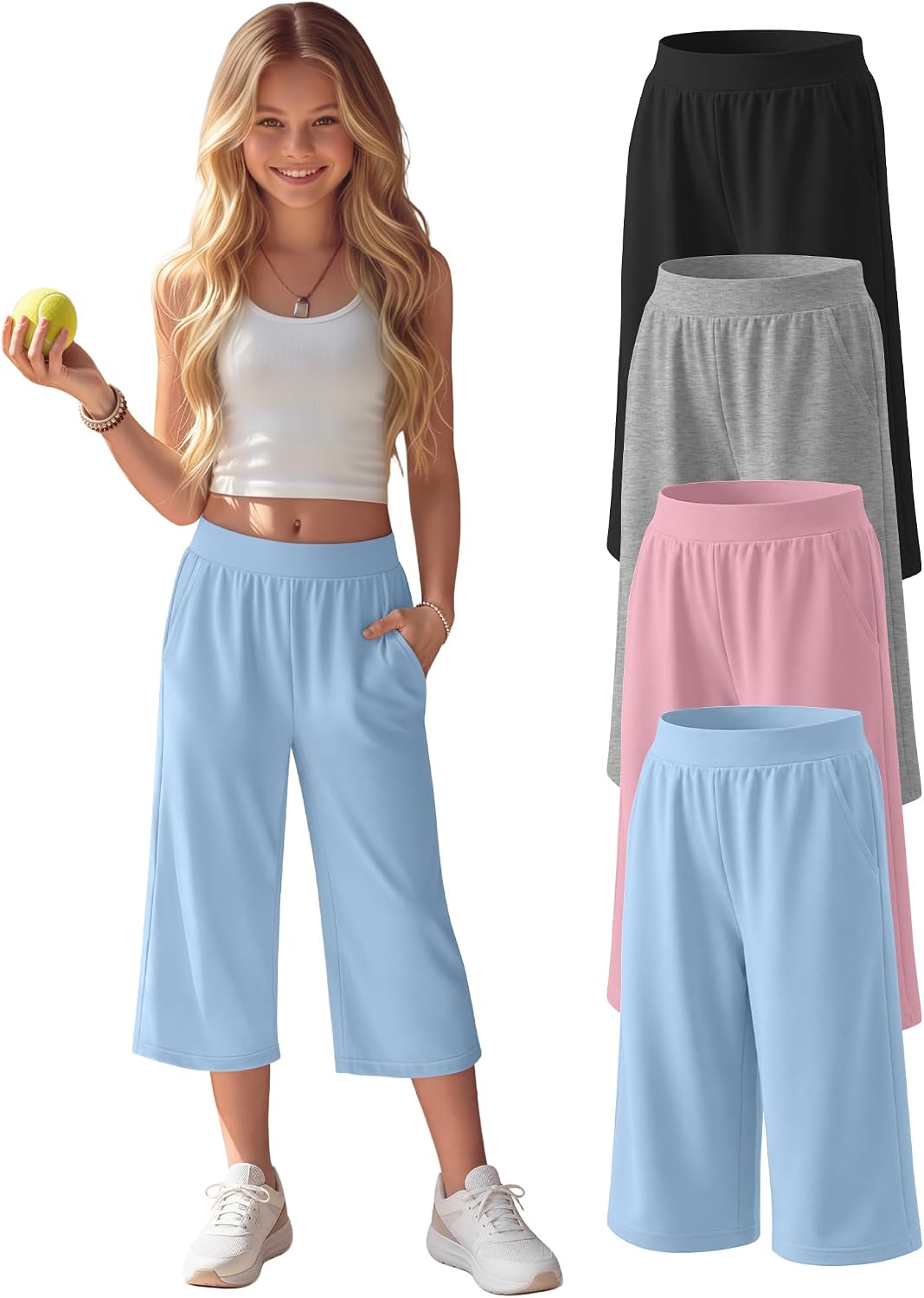 4 Pack Girls' Capri Pants Wide Legs Capris with Pockets Elastic Waist Workout Yoga Pants Loose Sweatpants for Kids