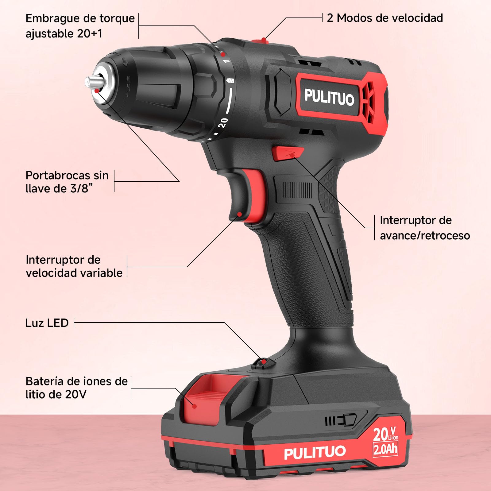 PULITUO 20V Taladro Percutor a Batería, Taladro Atornillador Batería c/ 2x2,0Ah, Portabrocas de 3/8", 2 Velocidades, 21+1 Pares, Con Set de Accesorios de 42 Piezas, Kit de Reparación Doméstica