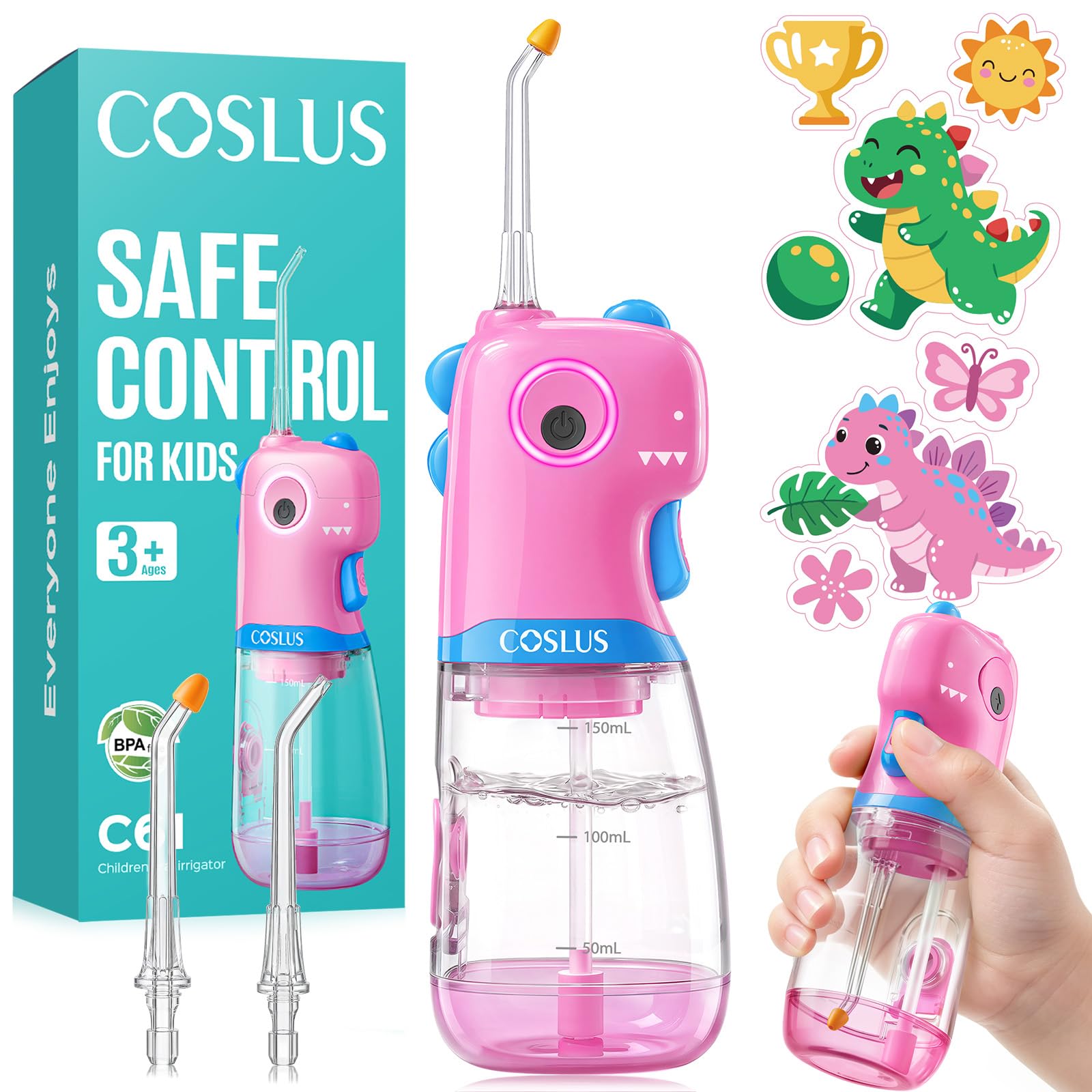 COSLUS C61 Portable Kids Water Flosser, Safe Trigger for Ages 3+, Pink