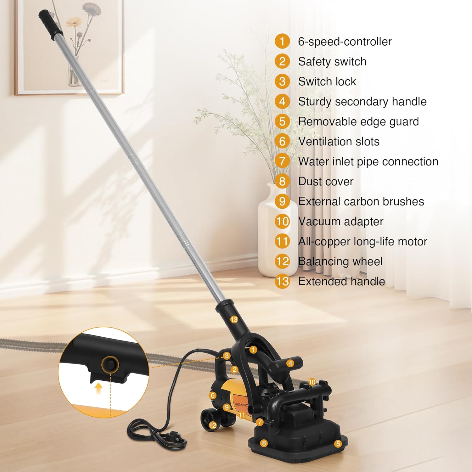 4-Head Concrete Grinder Machine with Handle & Auxiliary Wheels，3800W Floor Grinder For Concrete with 6-Speed Control & Dust Collection Cover, Floor Grinder for Grinding Concrete Deck Marble Granite