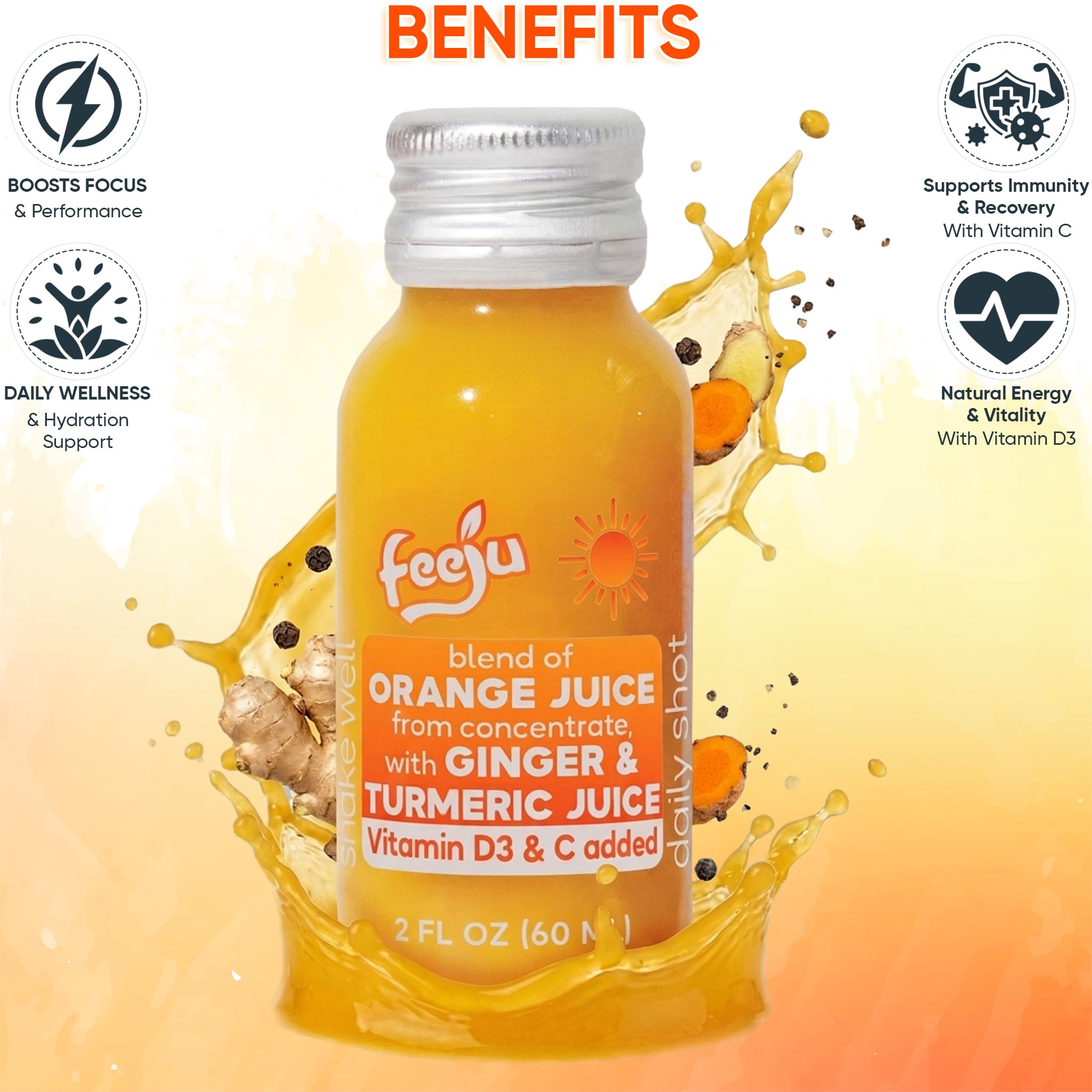 Feeju 15 PCS Orange Ginger Turmeric Shots 60ml | Immune Support & D3 — Amazon image 6