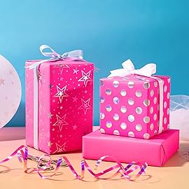 WRAPAHOLIC Pink Girls Wrapping Paper Roll - Mini Roll - 3 Roll - 17 Inch x 120 Inch - Foil Wrapping Paper for Kids Girls Birthday, Baby Shower, Wedding, Bridal Shower