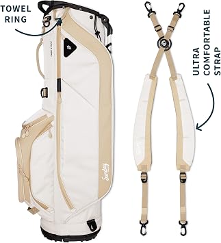 Sunday Golf Ryder Stand Bag: Lightweight Golf Bag, 2.2kg (4.9 lbs), Features Waterproof Zippers, 7 Spacious Pockets, Velcro Glove Holder and Rain Hood. Ideal Golf Stand Bag for Up to 14 Clubs | Lightweight 4.9 lb, Full-Size 14-Club, 5-Way Divider, Frosty Insulated Pocket, Water-Resistant Zippers