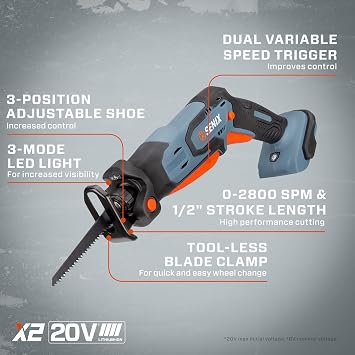 SENIX PSRX2-M1-0 X2 20 Volt Max* 1/2-Inch Compact Reciprocating Saw, Variable Speed, 2800 SPM Max, Tool-Less Blade Clamp, 3-Mode LED Light, Tool Only, Battery Not Included