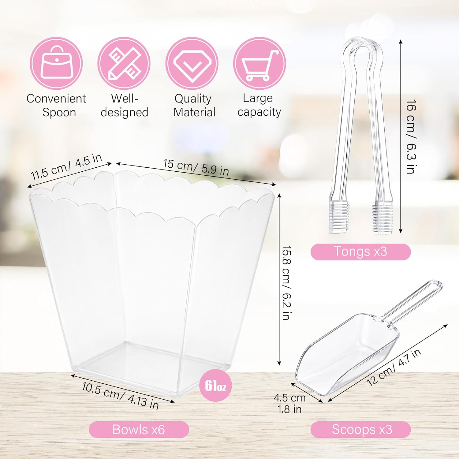 61 oz 6 Clear Plastic Candy Buffet Containers with 3 Tongs and 3 Scoops Reusable Scalloped Containers Candy Bar Set for Station Party Supplies Weddings Birthday Graduation Dessert Snack