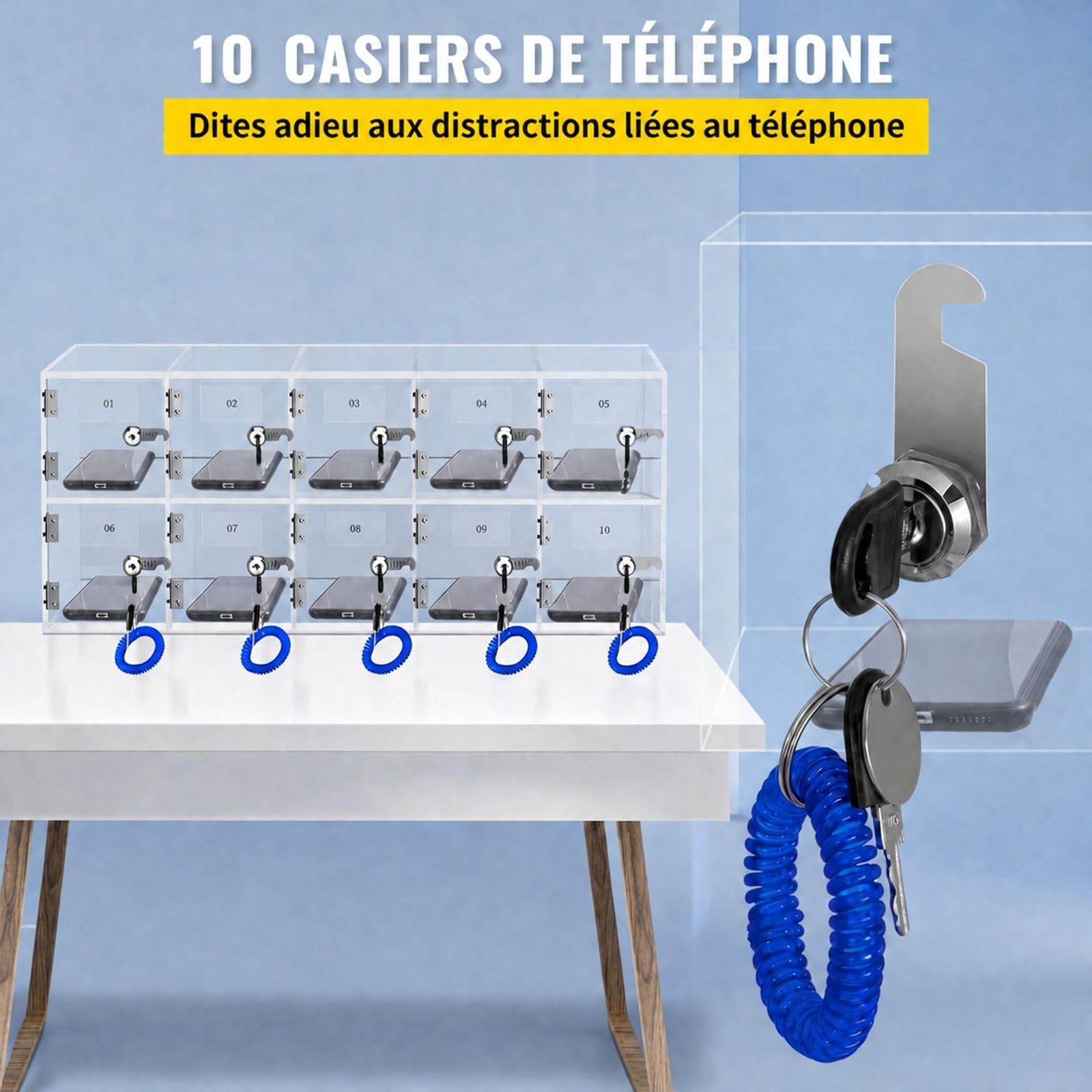 Casier pour téléphones portables en acrylique transparent avec 10 emplacements et clés, armoire de rangement pour bureau, école et salle de réunion