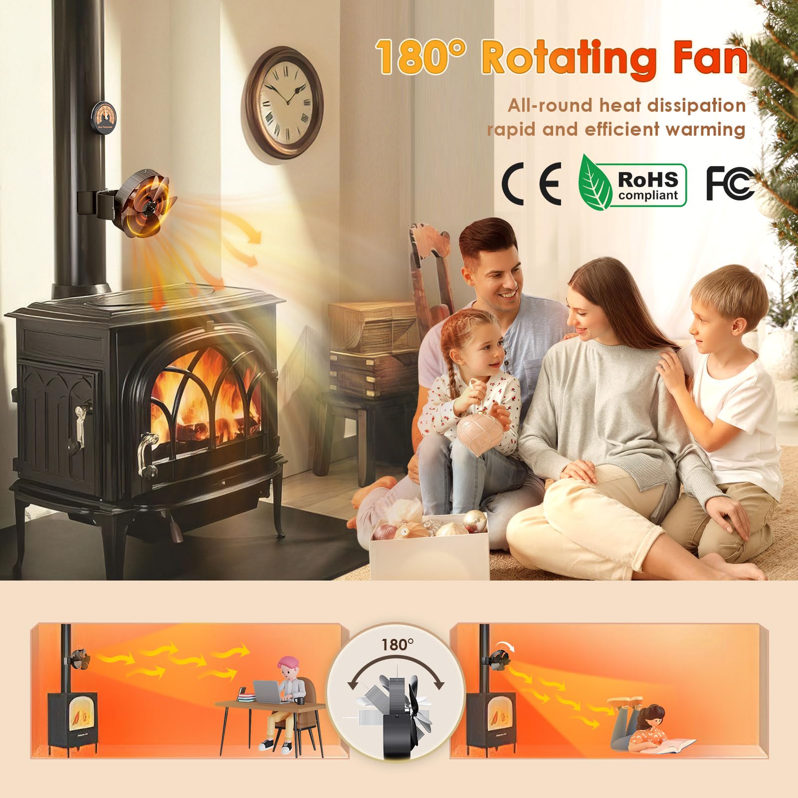 3 IN 1 Ventilatore per stufa a legna 5 lame Ventilatore 180° rotazione magnetico per bruciatori di legna Ventilatores per caminetto alimentato dal calore
