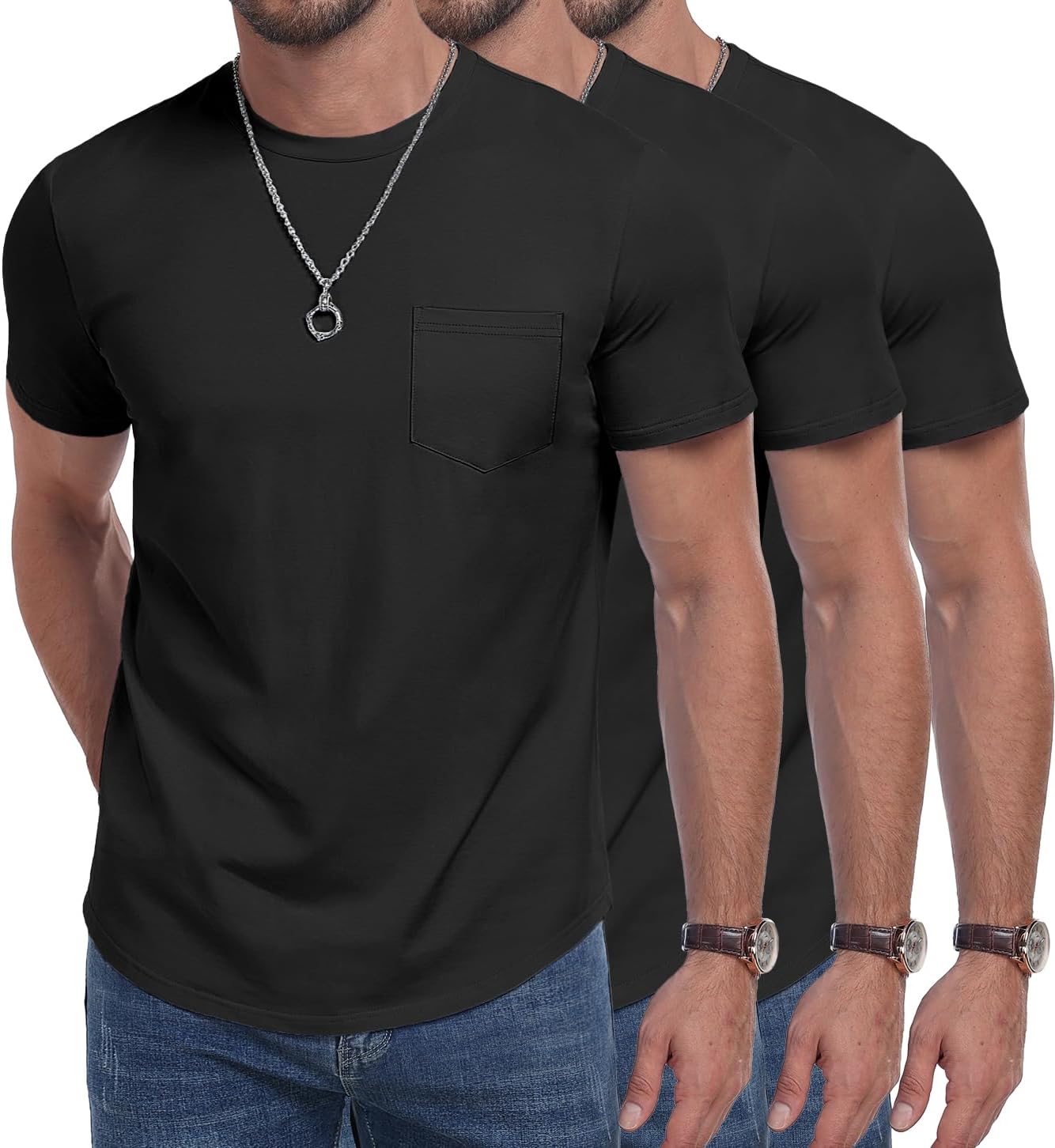 3 Pack Mens Cotton T Shirts Short Sleeve Crewneck Shirts for Men Pocket Tshirts Casual Lightweight Summer Basic Tees