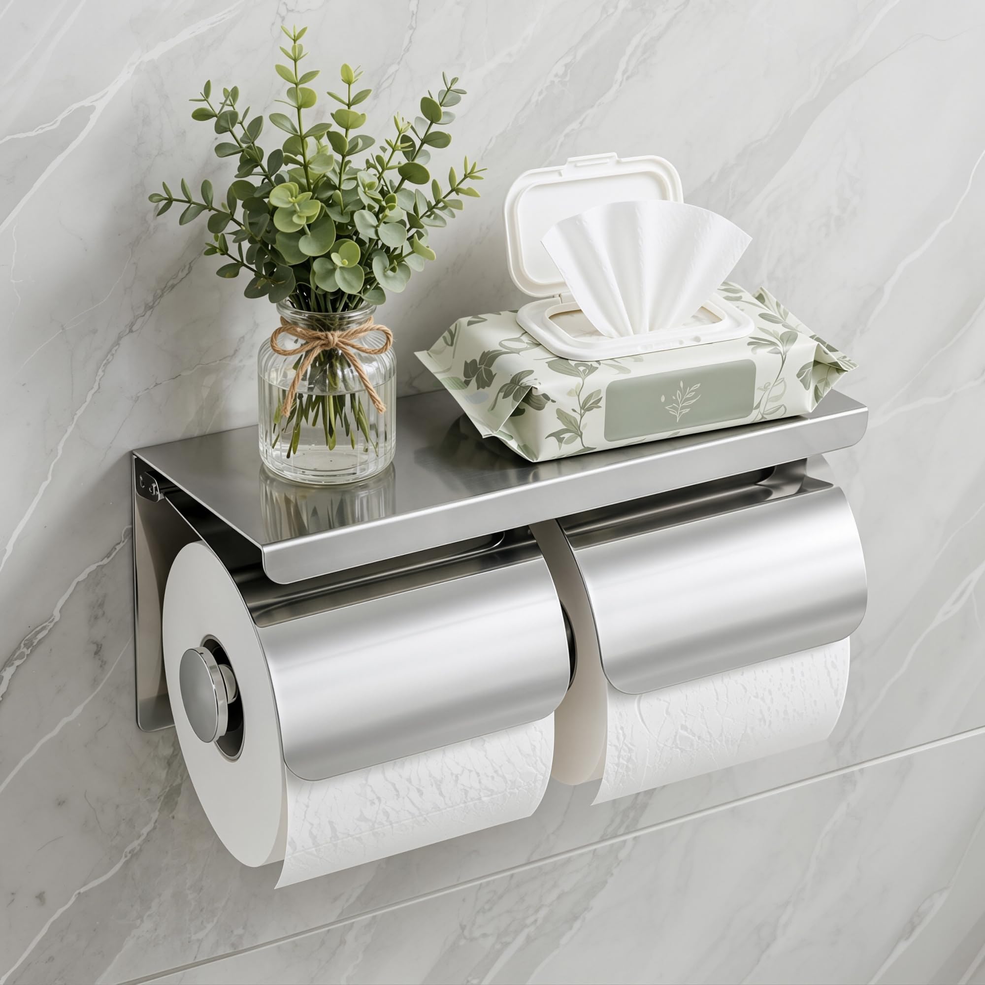 Portarrollos de papel higiénico doble de acero inoxidable con estante de almacenamiento para teléfono y cubierta impermeable (cromo pulido)