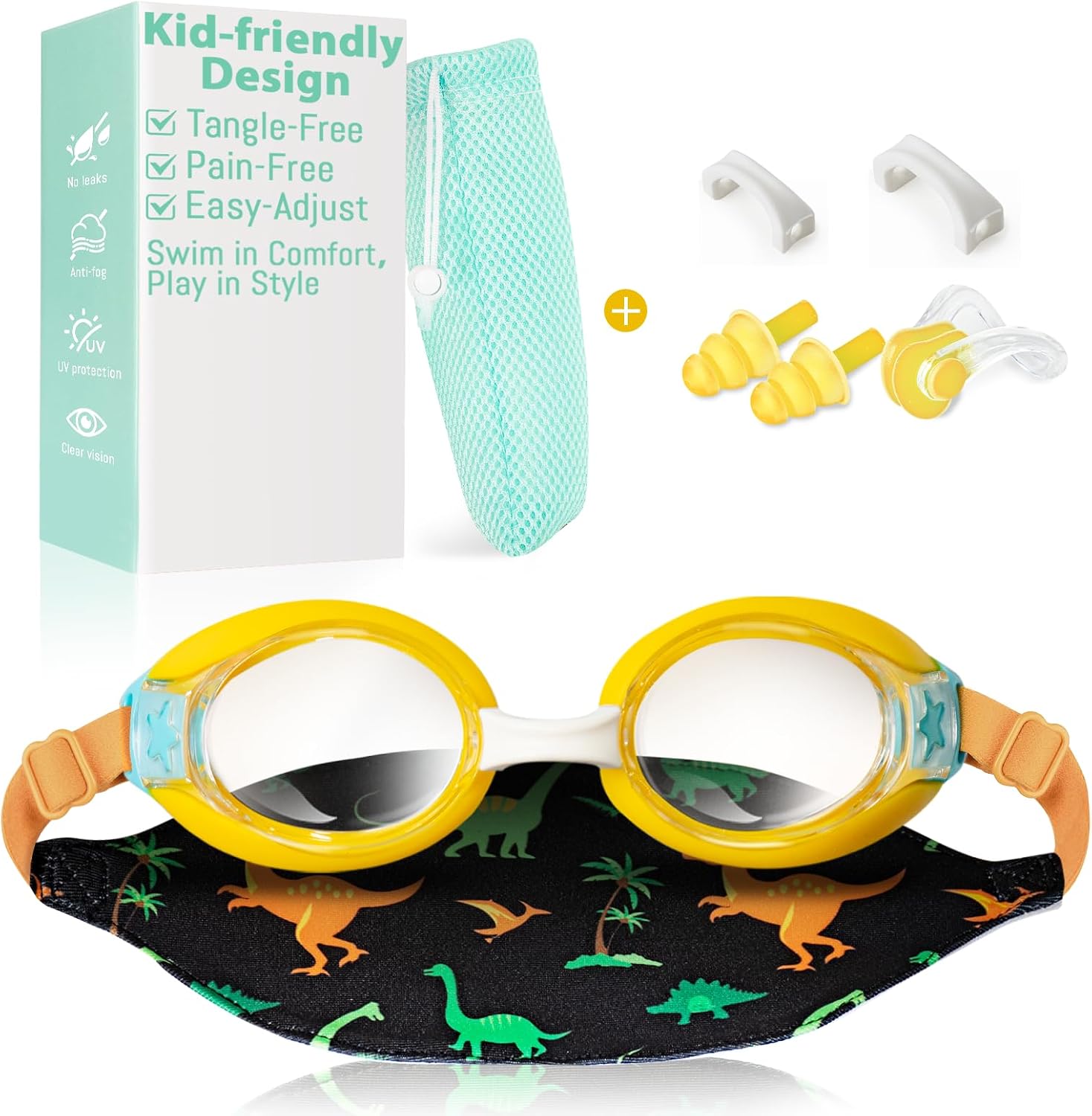 Pixel Panda Kids Swim Goggles with Fabric Strap for 3-12 Anti-Fog Anti-UV, No Leak No Hair Pulling Swimming Goggles