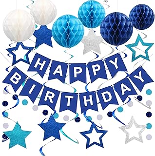 Decoración de cumpleaños azul, decoración de cumpleaños, decoración de fiesta de cumpleaños con guirnalda de feliz cumpleaños, pancarta, bola de panal, guirnalda de puntos circulares, streamer