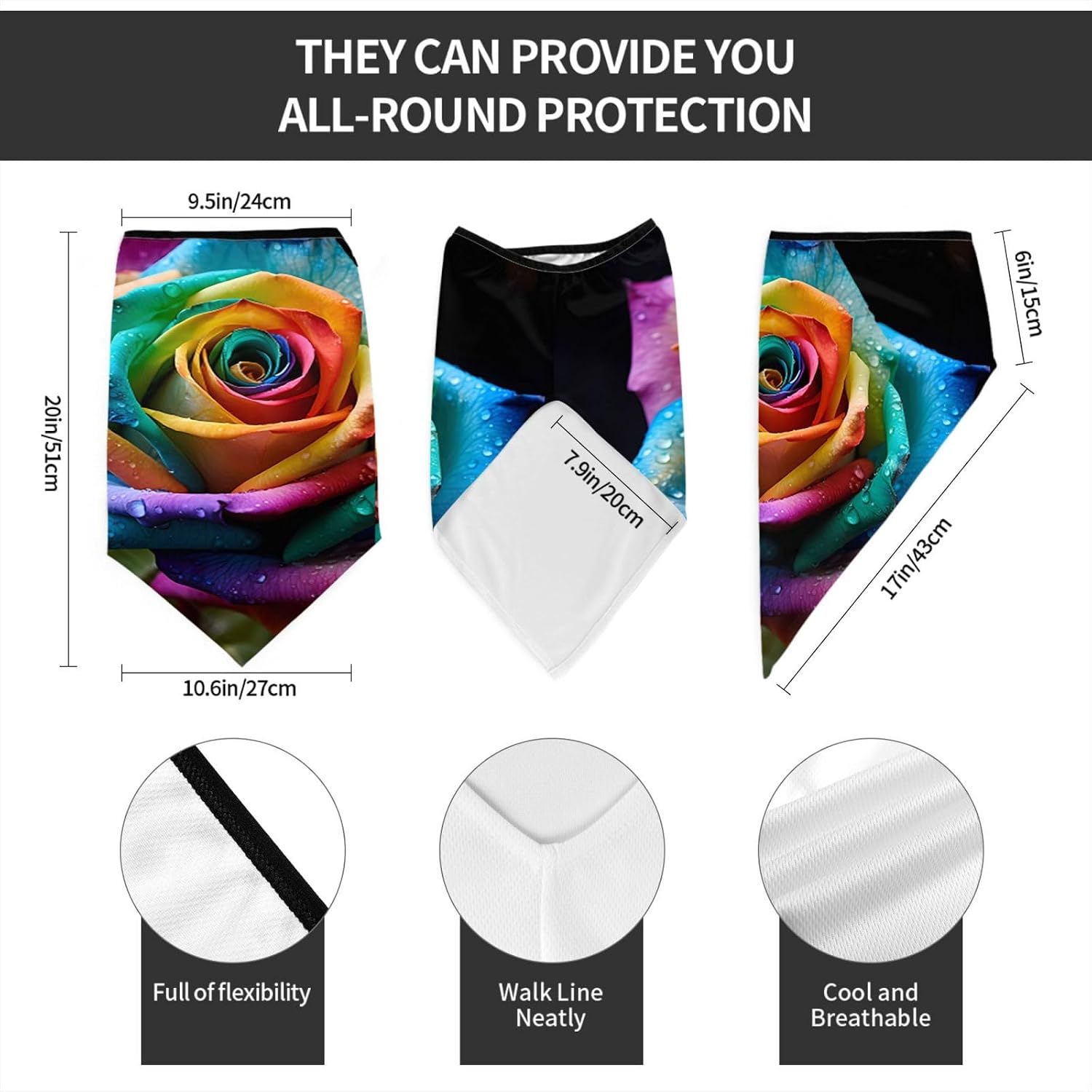 Protection Neck Gaiter Face Cover Rainbow Rose Dew Balaclava Scarf Mask, Windproof Breathable Sun Shield for Men Women, Skiing Hiking Cycling Outdoor Sports