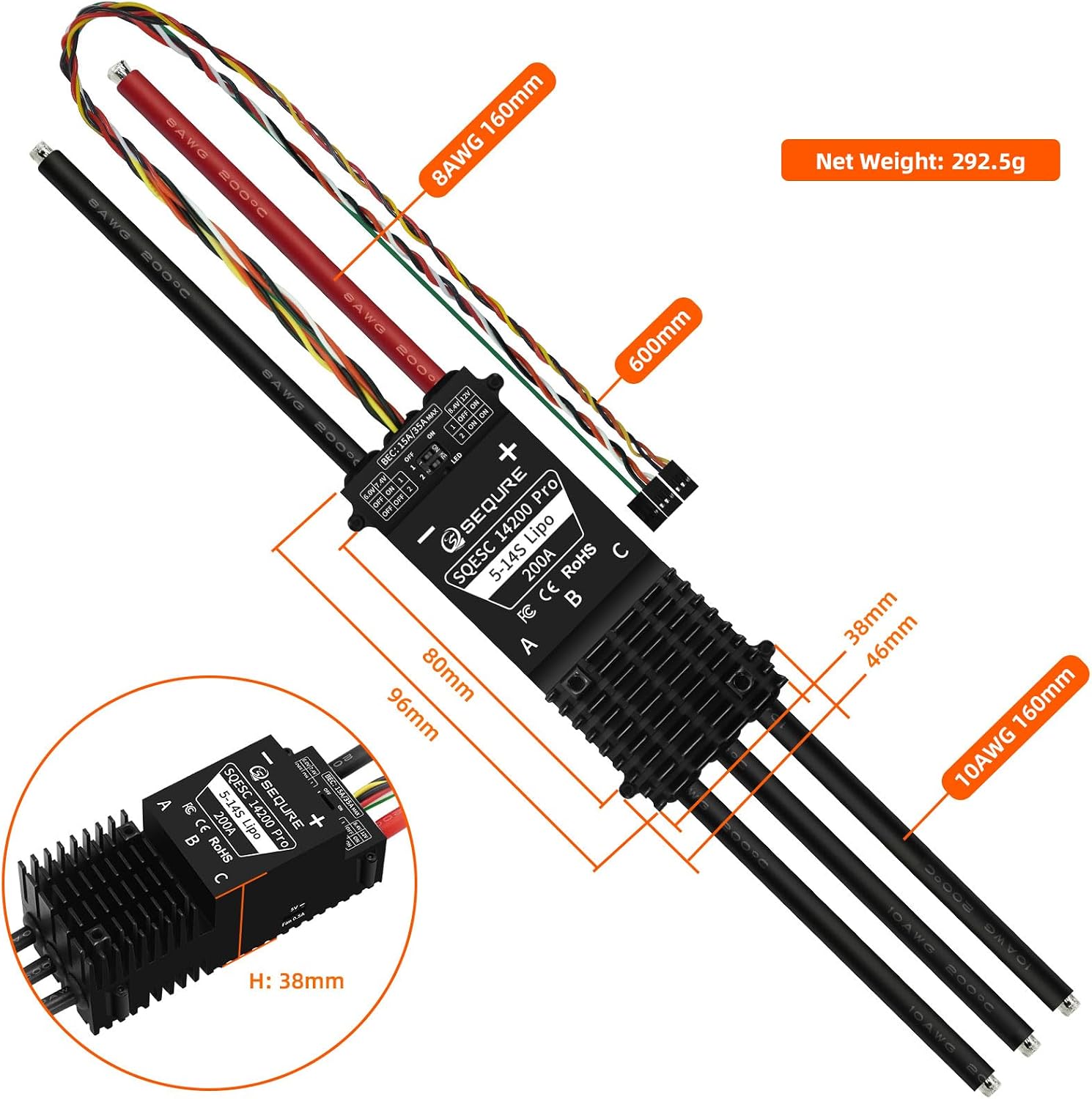 Image displaying the dimensions (length, width, height) and net weight of the SEQURE 14200 Pro ESC, including cable lengths.