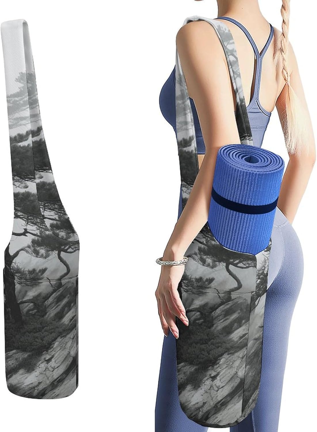 Canvas Yoga Bag,Foggy Mountain Pine Tree Printed Yoga Mat Handbag,Portable Yoga Mat Bag Large Capacity Gym Bag for Men Women Pilates Beach Travel