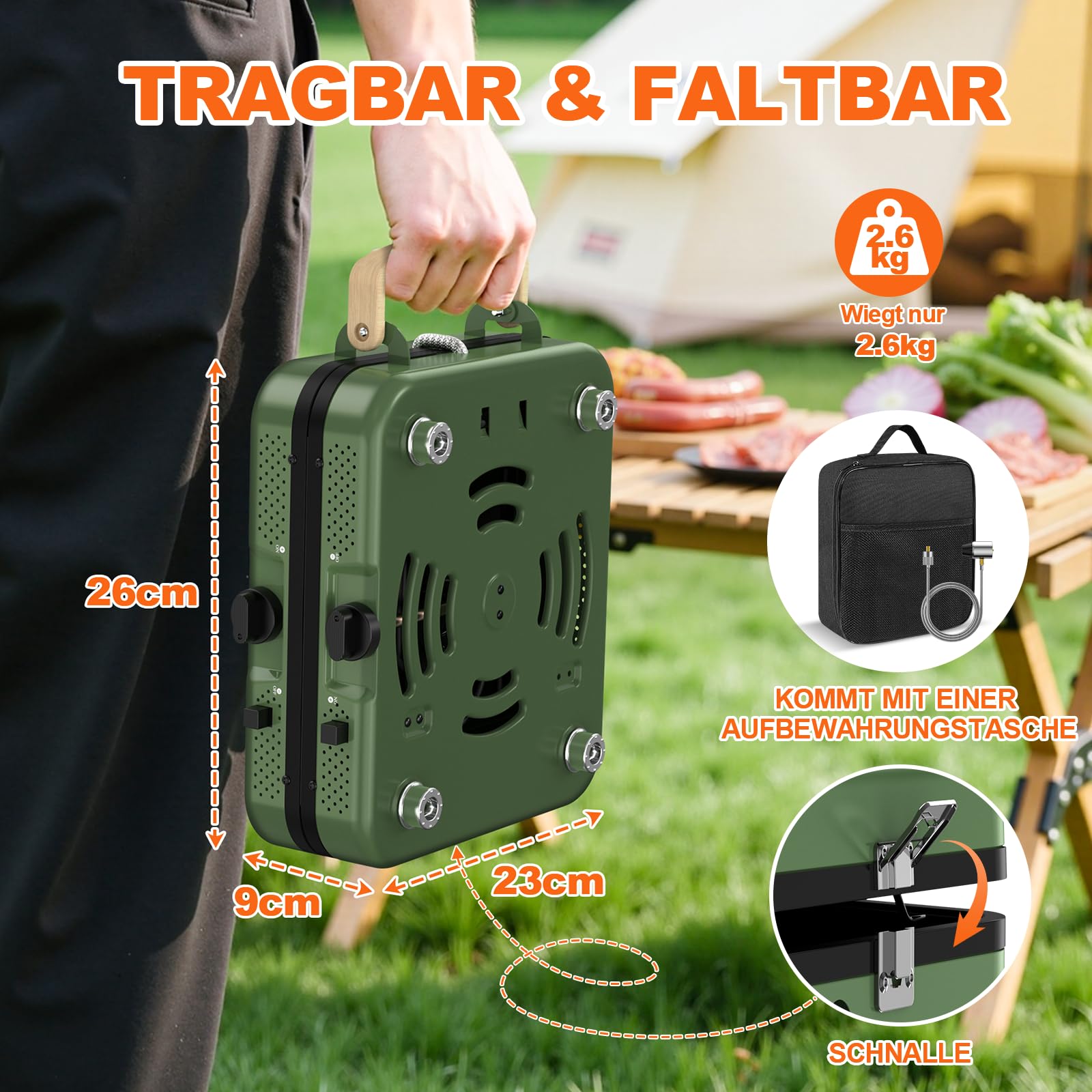 2-Flammig Campingkocher Gas Faltbar, Camping Gaskocher Herd mit Zünder & Tragetasche für Outdoor-Kochen, Campingplatz, Gartenparty, Grillabend, Picknick, Festival-Camping, Vanlife (ohne Grillplatte)