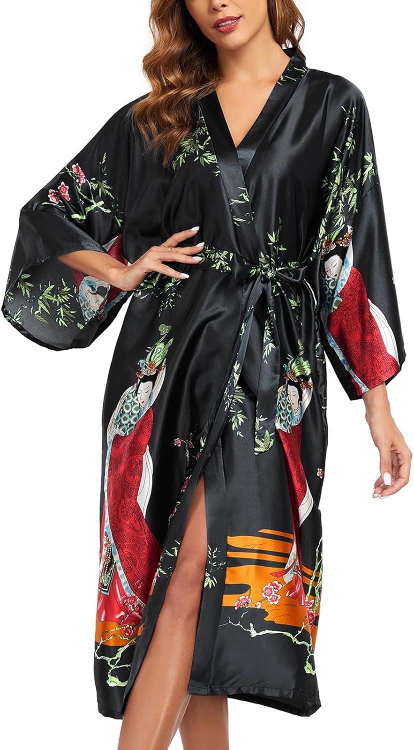 BestWendding Women's Satin Kimono Robes Floral Patterned Long Bathrobe Silky Dressing Gown Bridesmaid Robes with 2 Pockets - Image 4