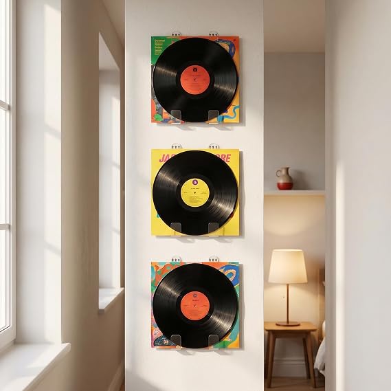12 Pcs Clear Acrylic Vinyl Wall Mount Display, Self-Adhesive Vinyl Record Holder No Drill, For Album Cover, CD, Comic Book Storage and Magazine Collection Home Office Decoration (black)