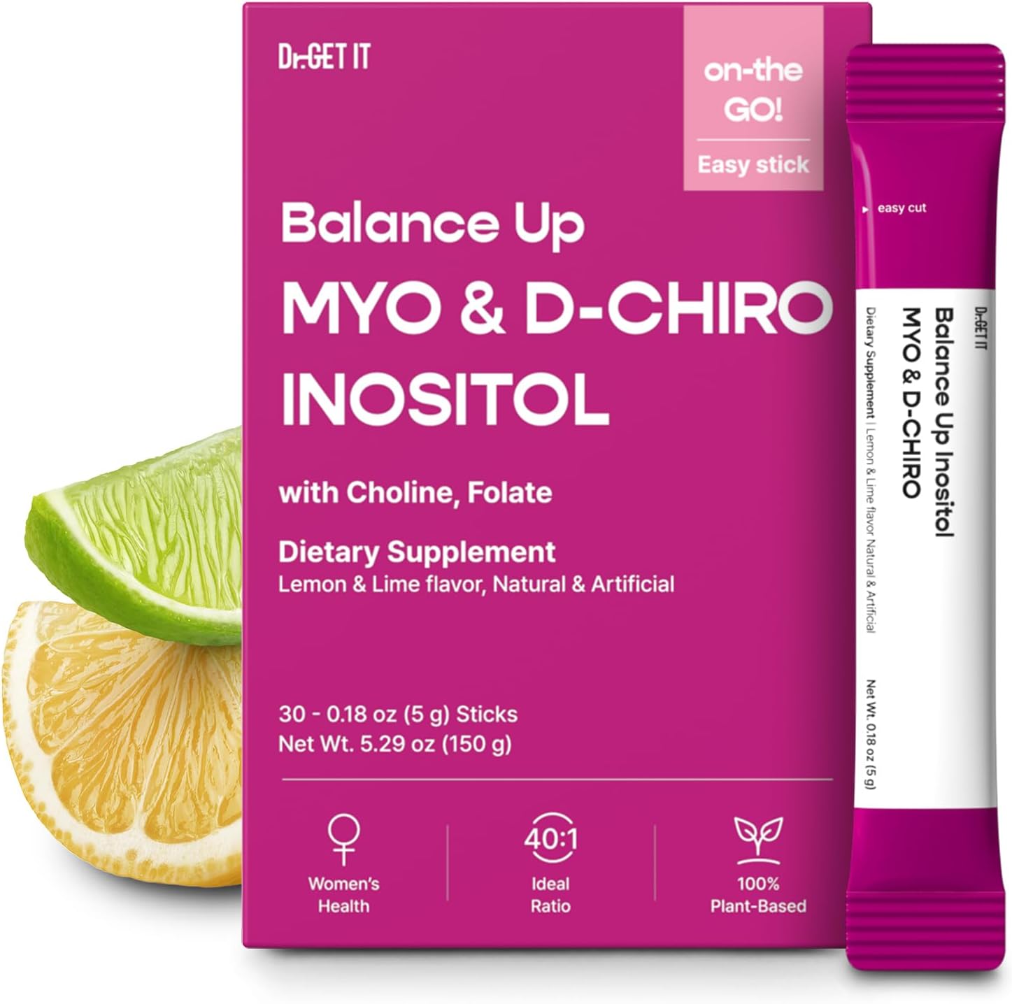 Balance Up Inositol 40:1 Myo & D-Chiro with Folate(Vitamin B9) & Choline – Hormone Balance & Reproductive Health Support for Women – Lemon Lime Stick Powder, 30 Servings