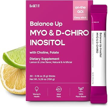 Balance Up Inositol 401 Myo & D-Chiro with FolateVitamin B9 & Choline Hormone Balance & Reproductive Health Support for Women Lemon Lime Stick Powder, 30 Servings