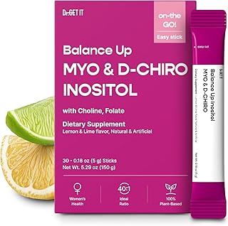 Balance Up Inositol 40:1 Myo & D-Chiro with Folate & Choline – Hormone Balance & Reproductive Health Support for Women – Lemon Lime Stick Powder, 30 Servings
