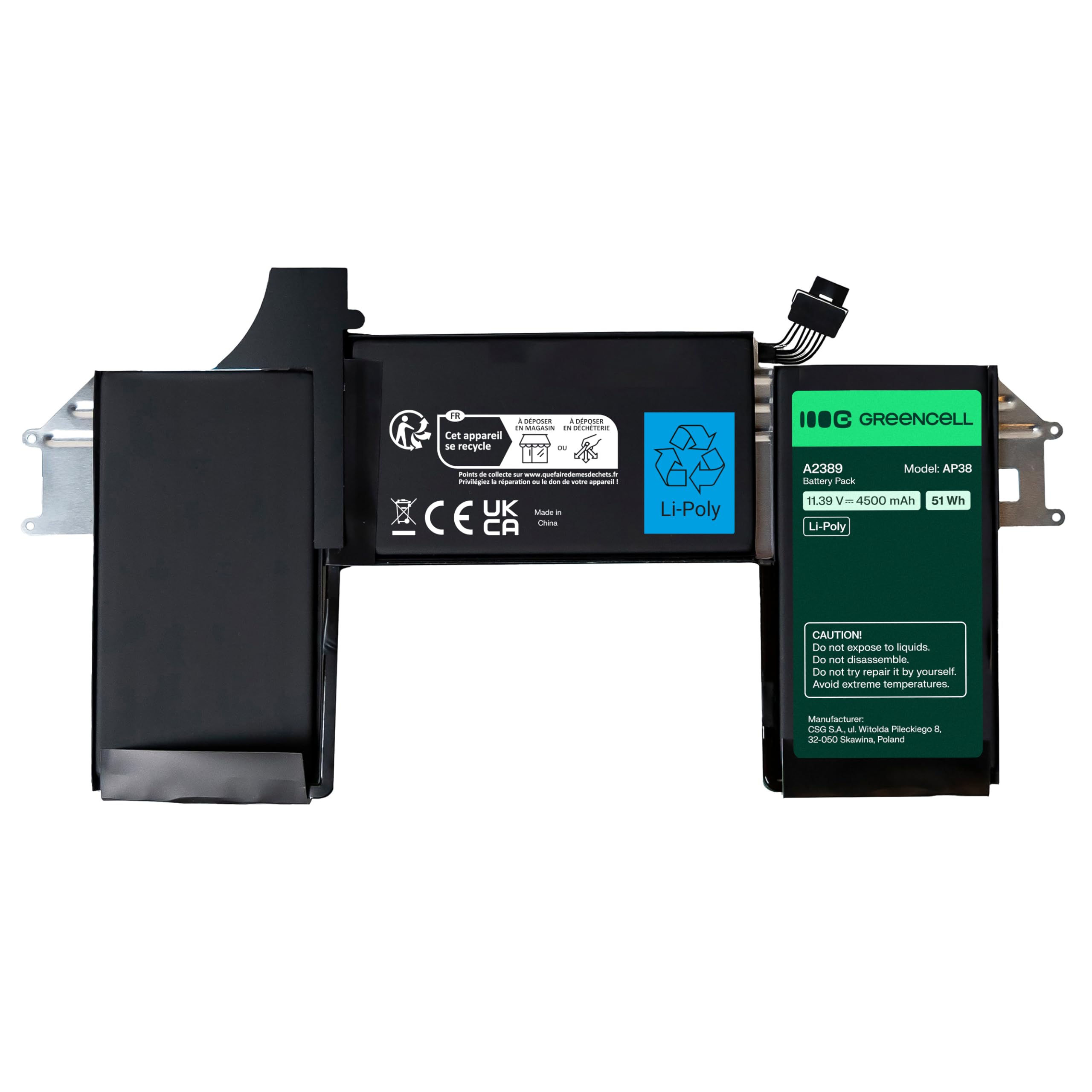 Green Cell Bateria do Laptopa Apple A2337 M1 2020 MacBookAir10 1 MGN63ZE A MGN73ZE A MGN93ZE A MGNA3ZE A MGND3ZE A MGNE3ZE A A2337 (2700mAh 11.3V Czarny) A2389