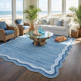 Garvee Scallop Area Rug 5x7 Washable Rugs for Bedroom Neutral Rug Blue