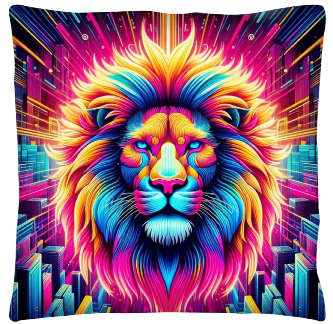 The Beach Stop Pop Art Colourful Neon Rainbow Jungle Lion Accent Cushion Cover | Unique Living Room & Bedroom Home Decor Inspo | Gift Idea | 45x45cm 18x18” | Neon Lion