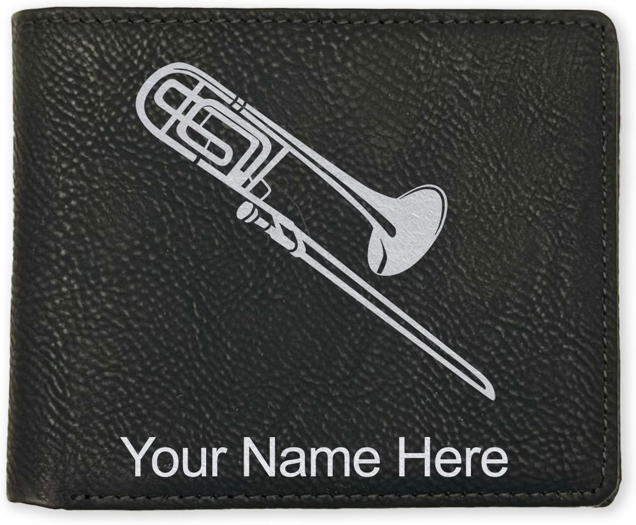 LaserGram Faux Leather Bi-Fold Wallet, Trombone, Personalized Engraving Included (Carbon Fiber Black with Silver)