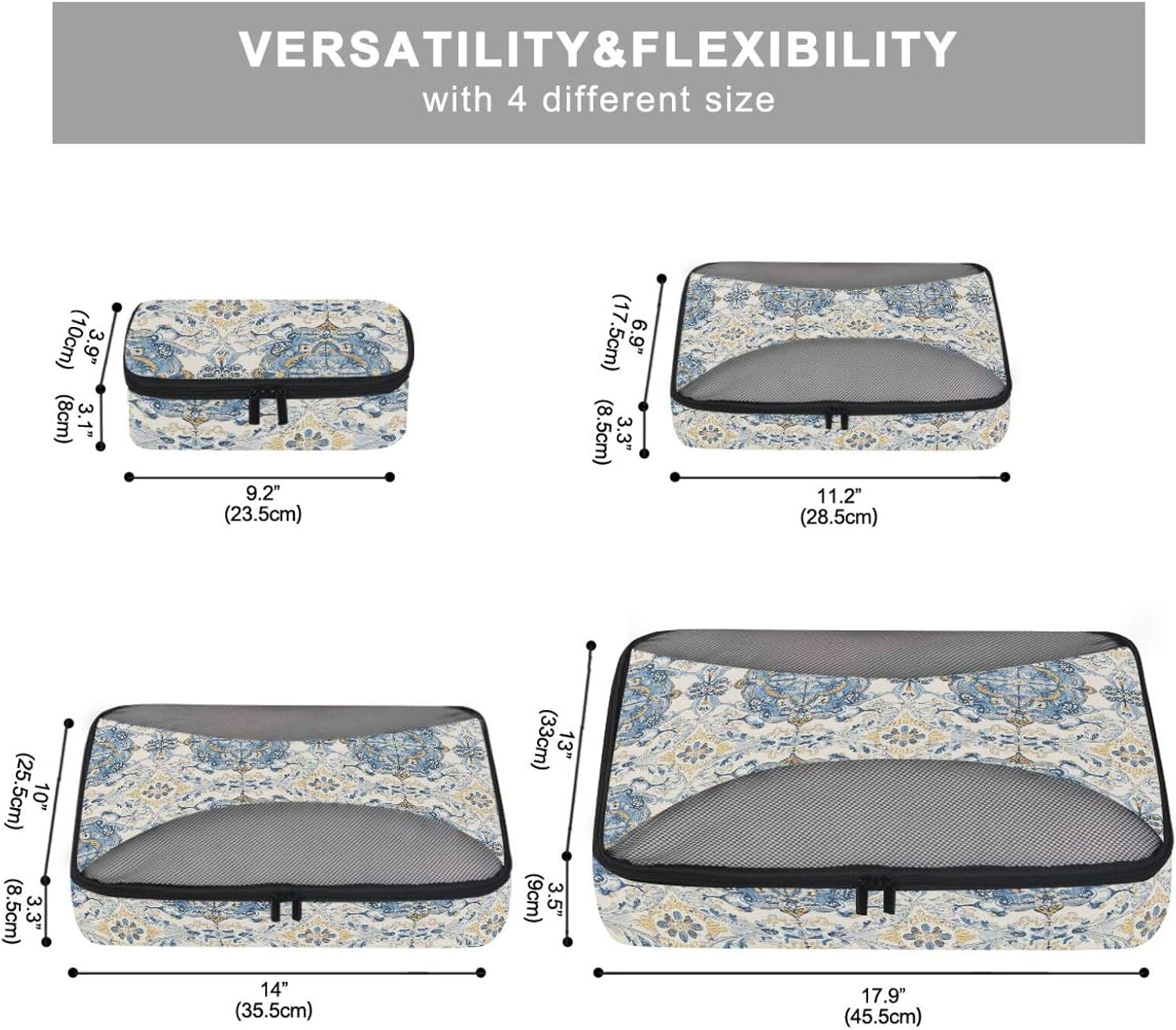 4 Pcs set organizers and storage Mesh Travel Essentials Paisley Glory Blue Seamless Picture Seamless Pattern expandable travel packing cubes