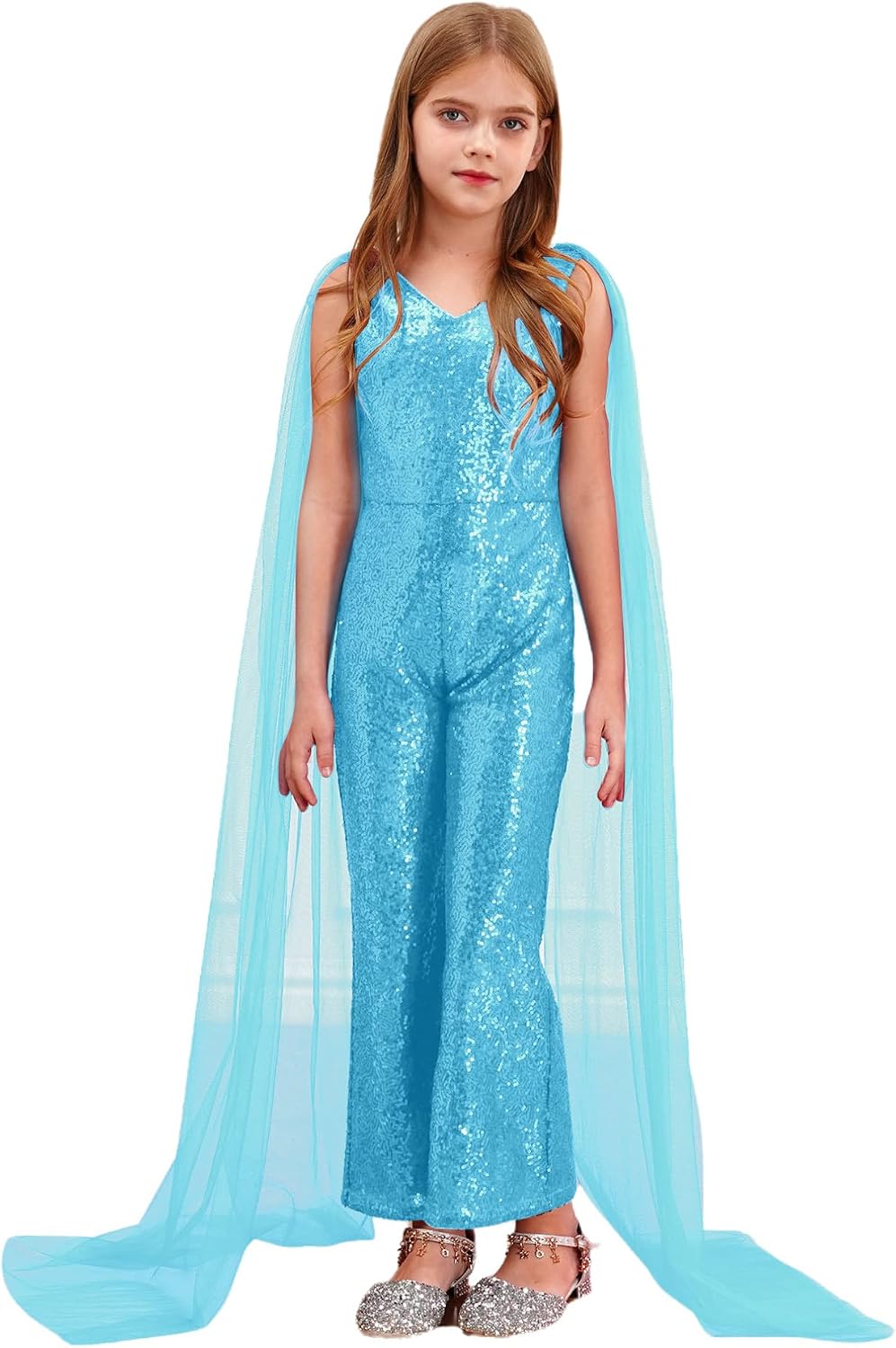 ranrann Girls Sparkly Sequin Jumpsuit Outfits Pageant Romper Tulle V Neck Prom Party Mesh Overlay Long Pants