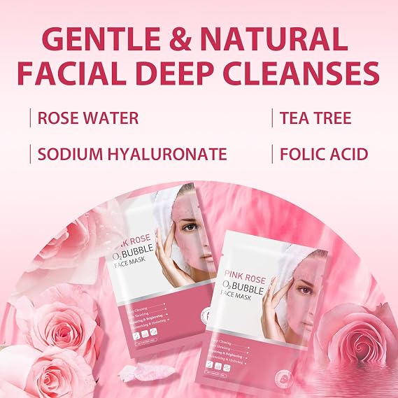 IREV Pack of 10 Pink Rose O2 Bubble Face Masks Skincare, Spa Presents for Women, Bubble Face Sheet Mask Cleaner Foaming Purifying Facial Mask for Acne and Pores Moisturizing Beauty Sheet Masks