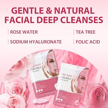 IREV Pack of 10 Pink Rose O2 Bubble Face Masks Skincare, Spa Presents for Women, Bubble Face Sheet Mask Cleaner Foaming Purifying Facial Mask for Acne and Pores Moisturizing Beauty Sheet Masks