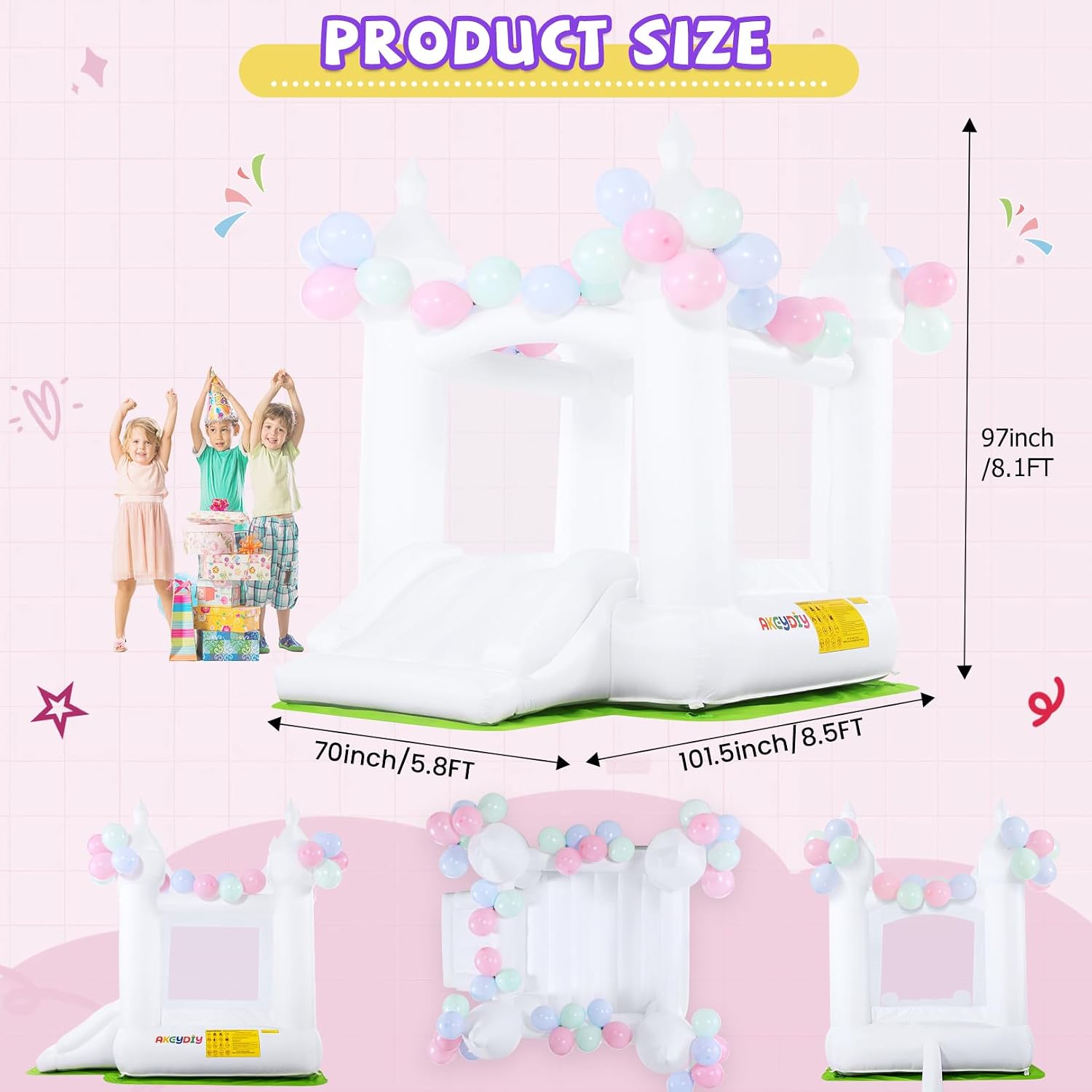 AKEYDIY White Bounce House, Outdoor Indoor Fun Bouncy House with Blower, Bouncy Castle Inflatable Bouncer Slide for Kids 3-8, 102" x 70" x 97", W/ 108 Air Balloon, Carrying Bag, Ground-Cloth, Patches