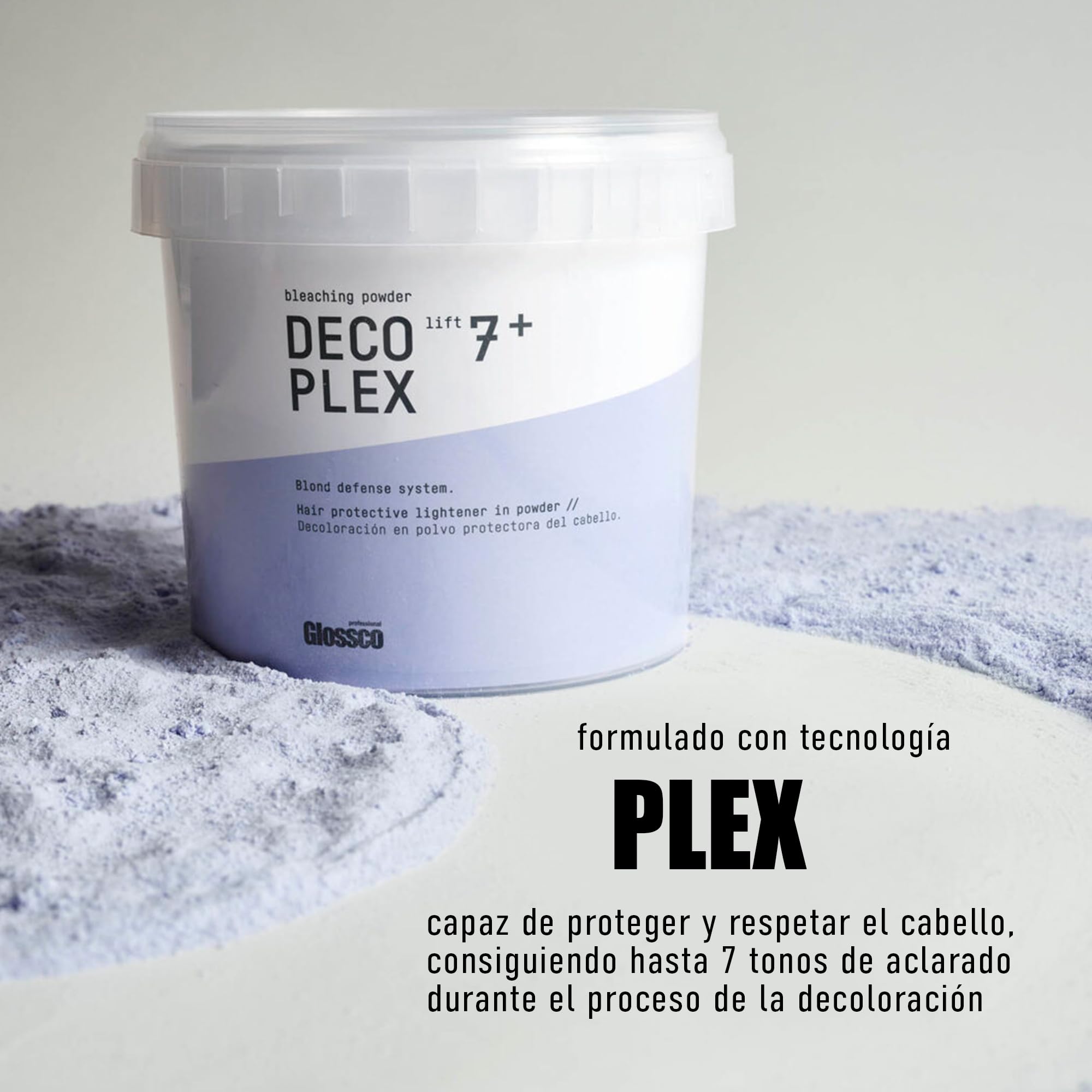 GLOSSCO PROFESSIONAL - Polvo Decolorante Pelo Decoplex, 1000 g, Aclara hasta 7 Tonos, Respeta la Fibra Capilar, Neutraliza Tonos Amarillos, Tecnología Plex Antirrotura, Resultados Profesionales
